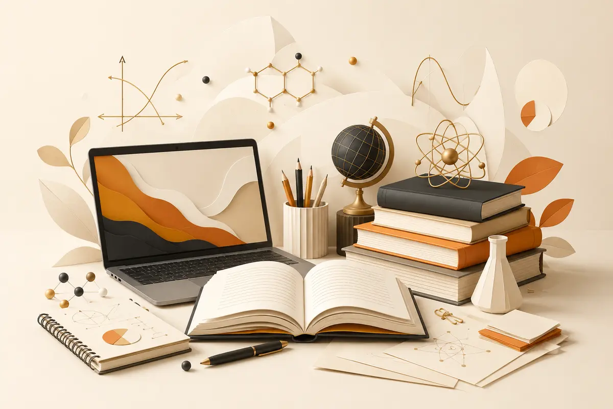 Academic quality review with books, research notes and a laptop