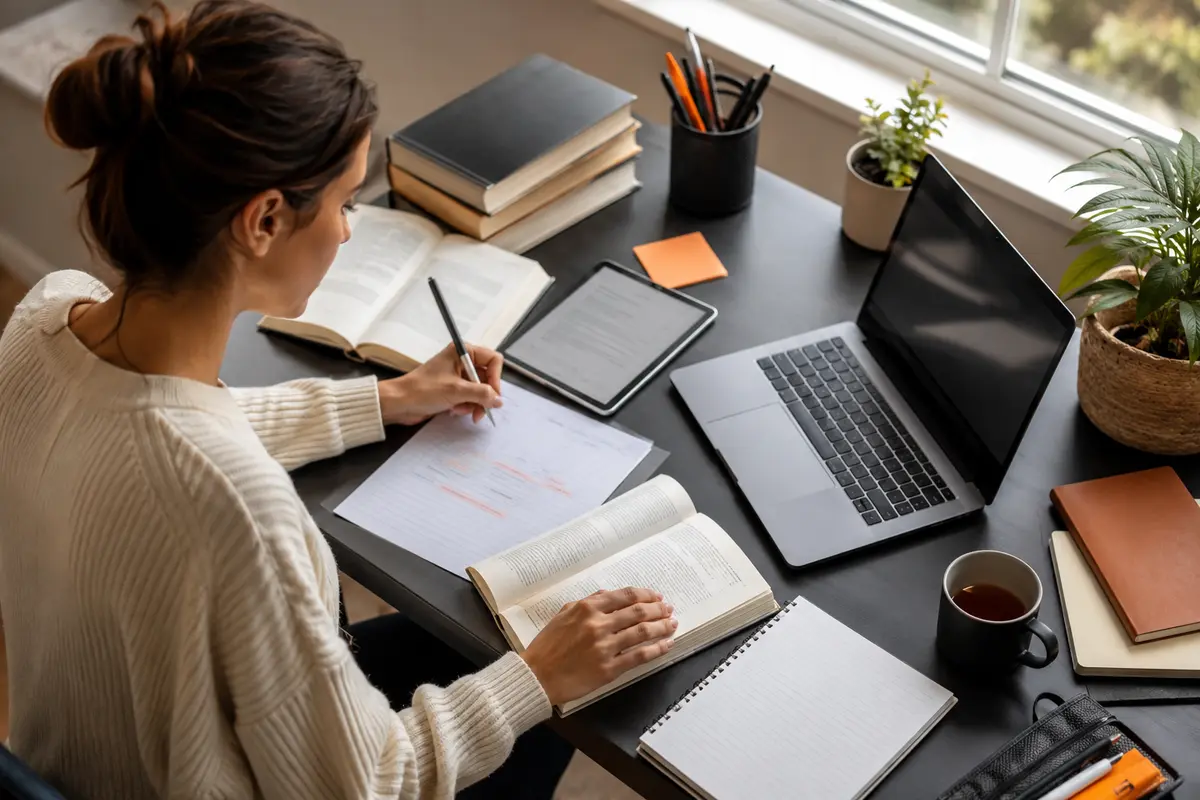 University student organising research sources and references for an assignment