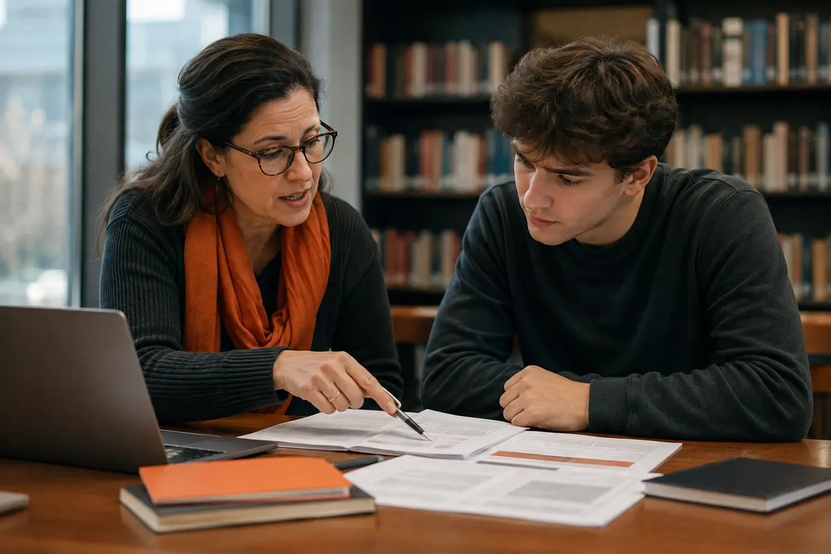 Academic mentor reviewing a subject assignment brief with a university student