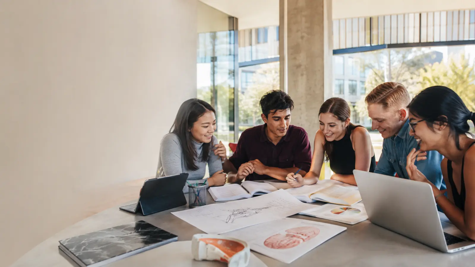 University students collaborating across several academic subjects